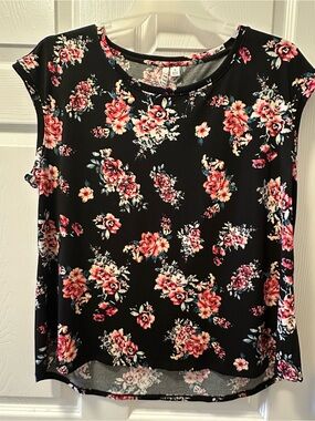 Floral Sleeveless Black Top with Pink Rose Print - XL